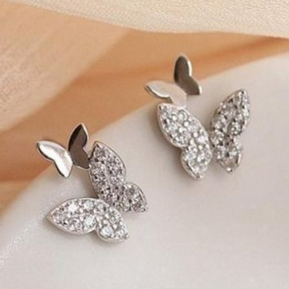 New 925 Sterling Silver Diamond Butterfly Earrings